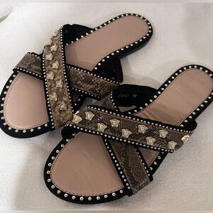 Versace GOLD Medusa studded snakeskin-print slide sandals SIZE:10